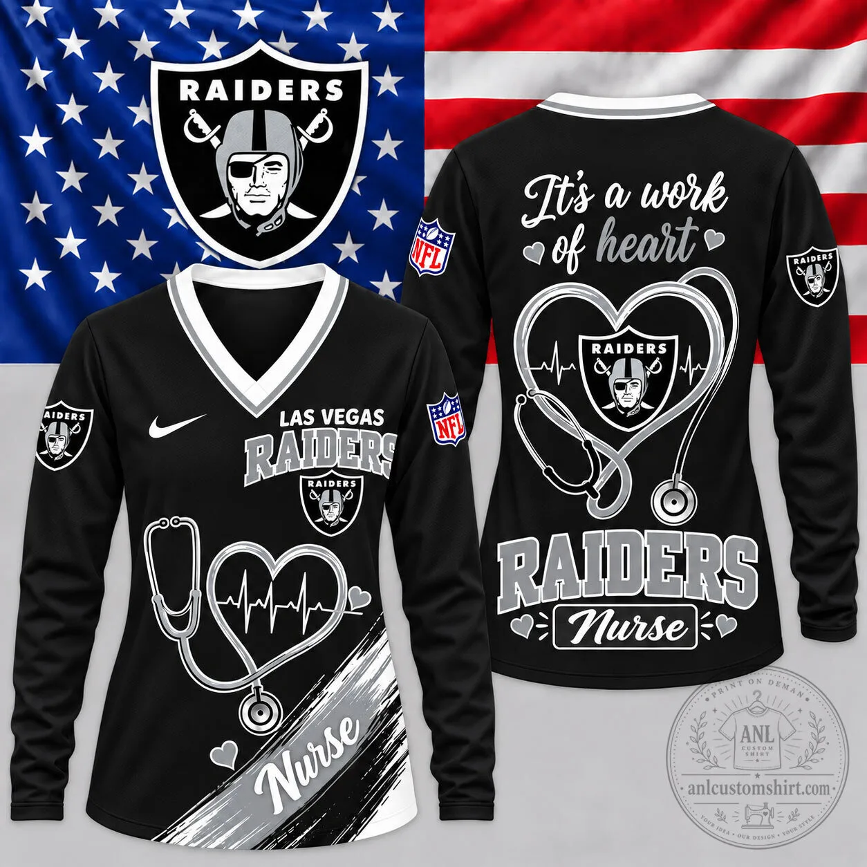 Las Vegas Raiders Nurse Heartbeat V-Neck Long Sleeve Shirt