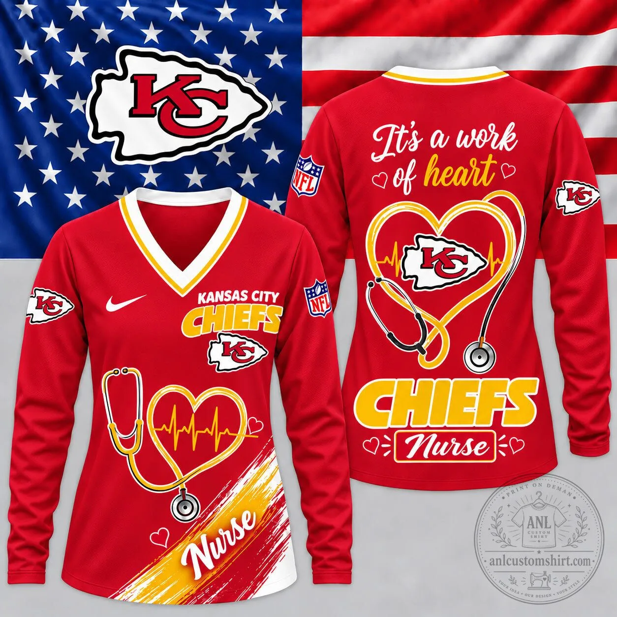 Kansas City Chiefs National Football League Nurse Heartbeat V-Neck Long Sleeve Shirt