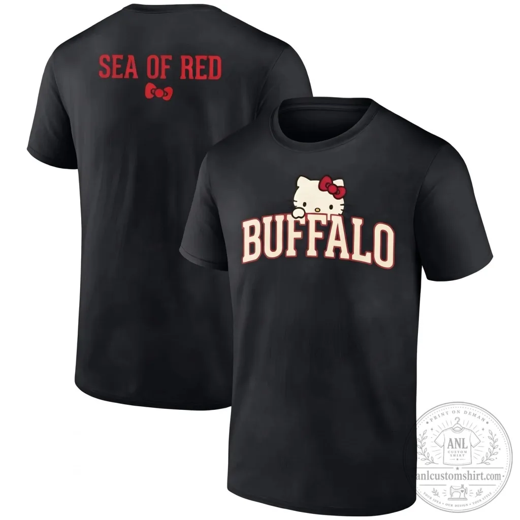 Buffalo Bills Hello Kitty Sea of Red Football Fan Black T-Shirt Buffalo Bills Hello Kitty Sea of Red Football Fan Black T-Shirt