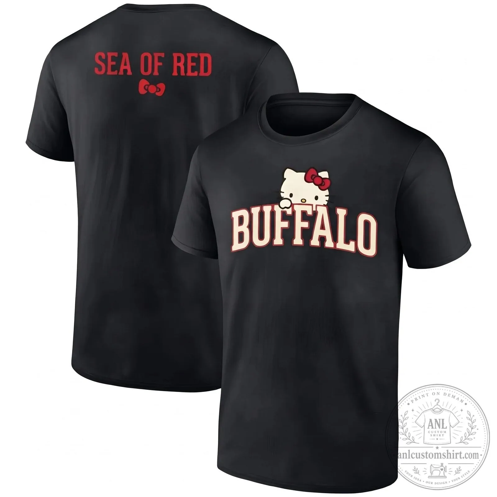 Buffalo Bills Hello Kitty Sea of Red Football Fan Black T-Shirt