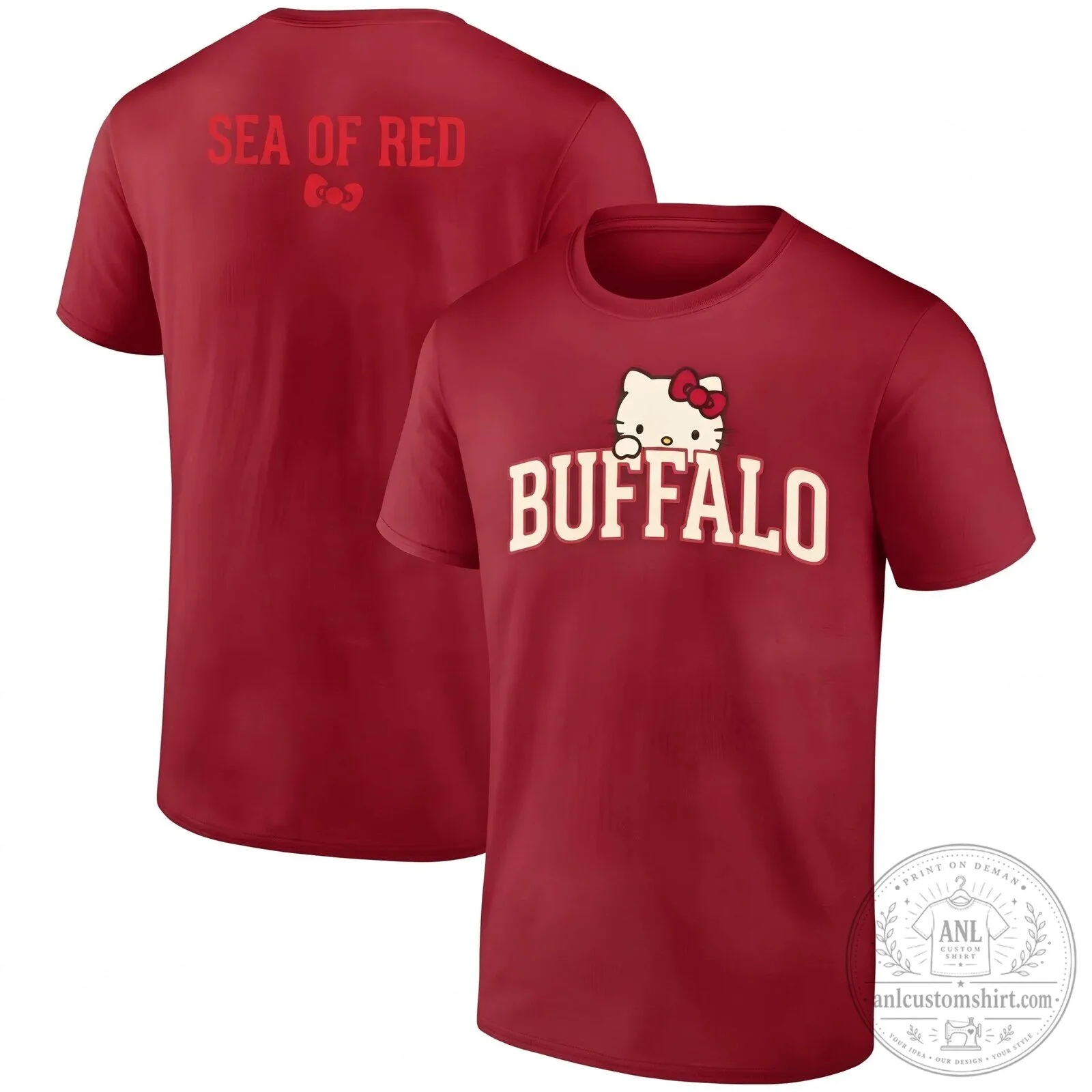 Buffalo Bills Hello Kitty Sea of Red Football Fan Black T-Shirt 19 Buffalo Bills Hello Kitty Sea of Red Football Fan Black T-Shirt