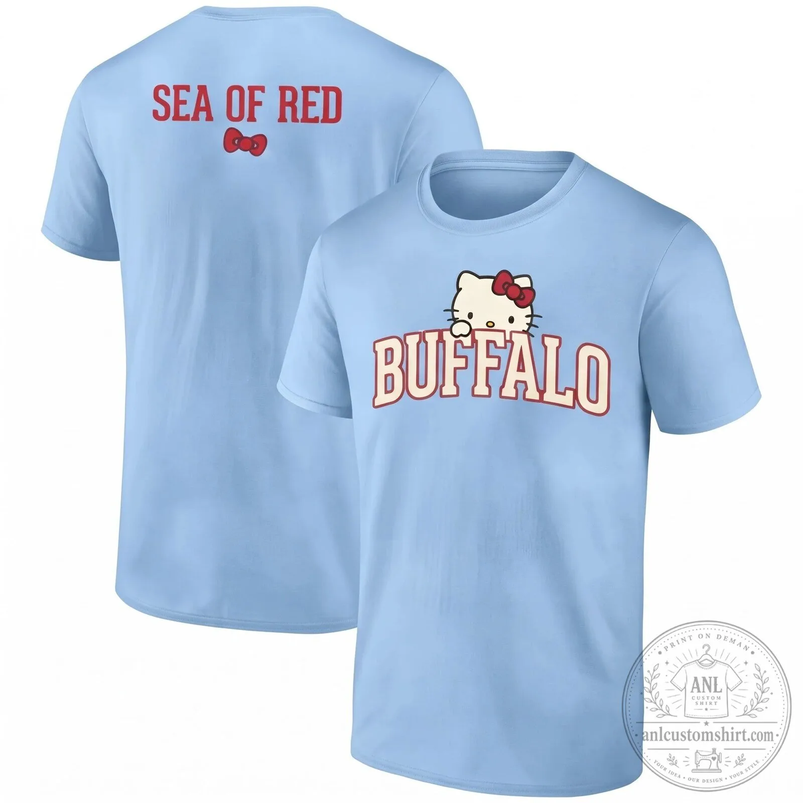 Buffalo Bills Hello Kitty Sea of Red Football Fan Black T-Shirt 21 Buffalo Bills Hello Kitty Sea of Red Football Fan Black T-Shirt