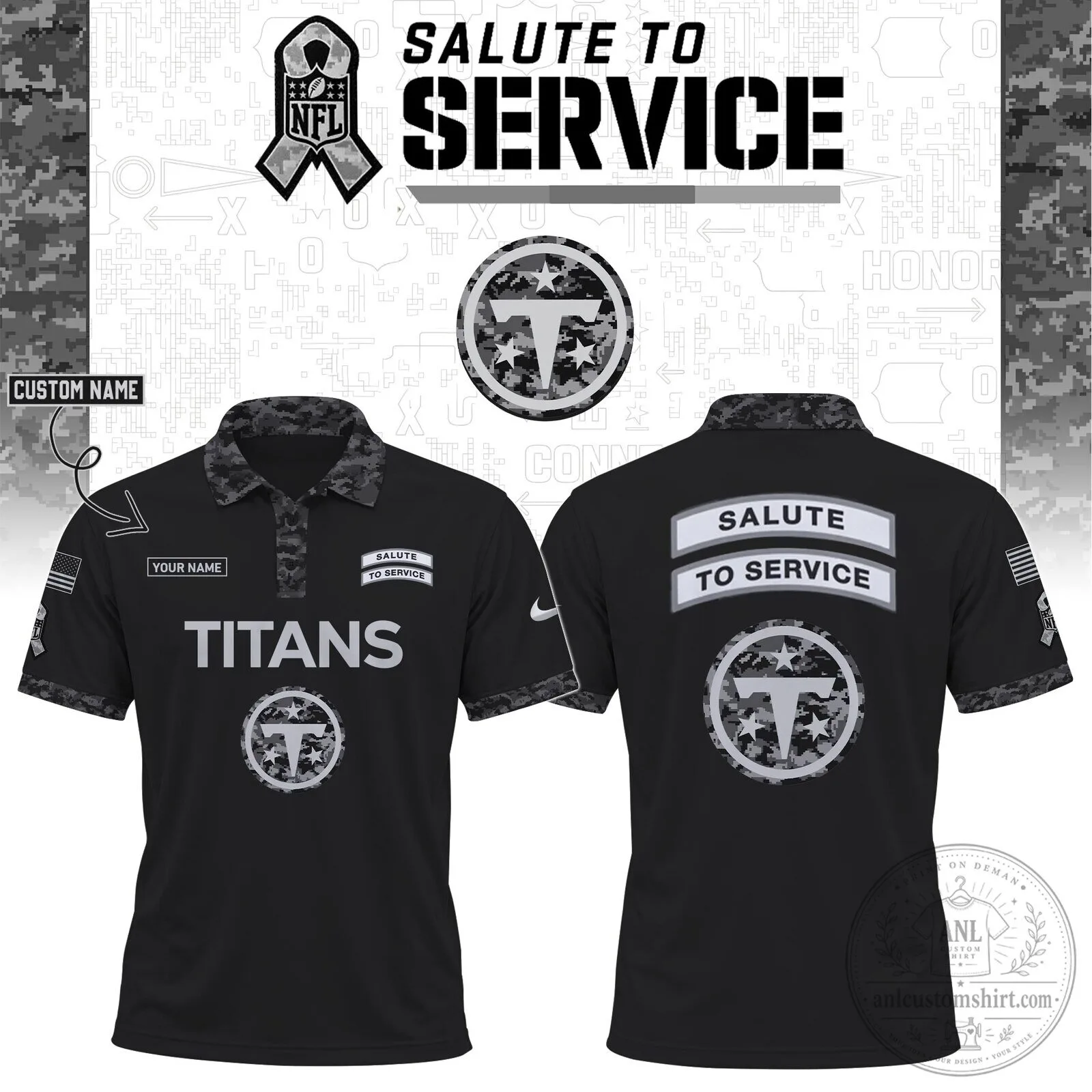 Tennessee Titans Salute To Service Black Digital Camo NFL Football Polo Shirt