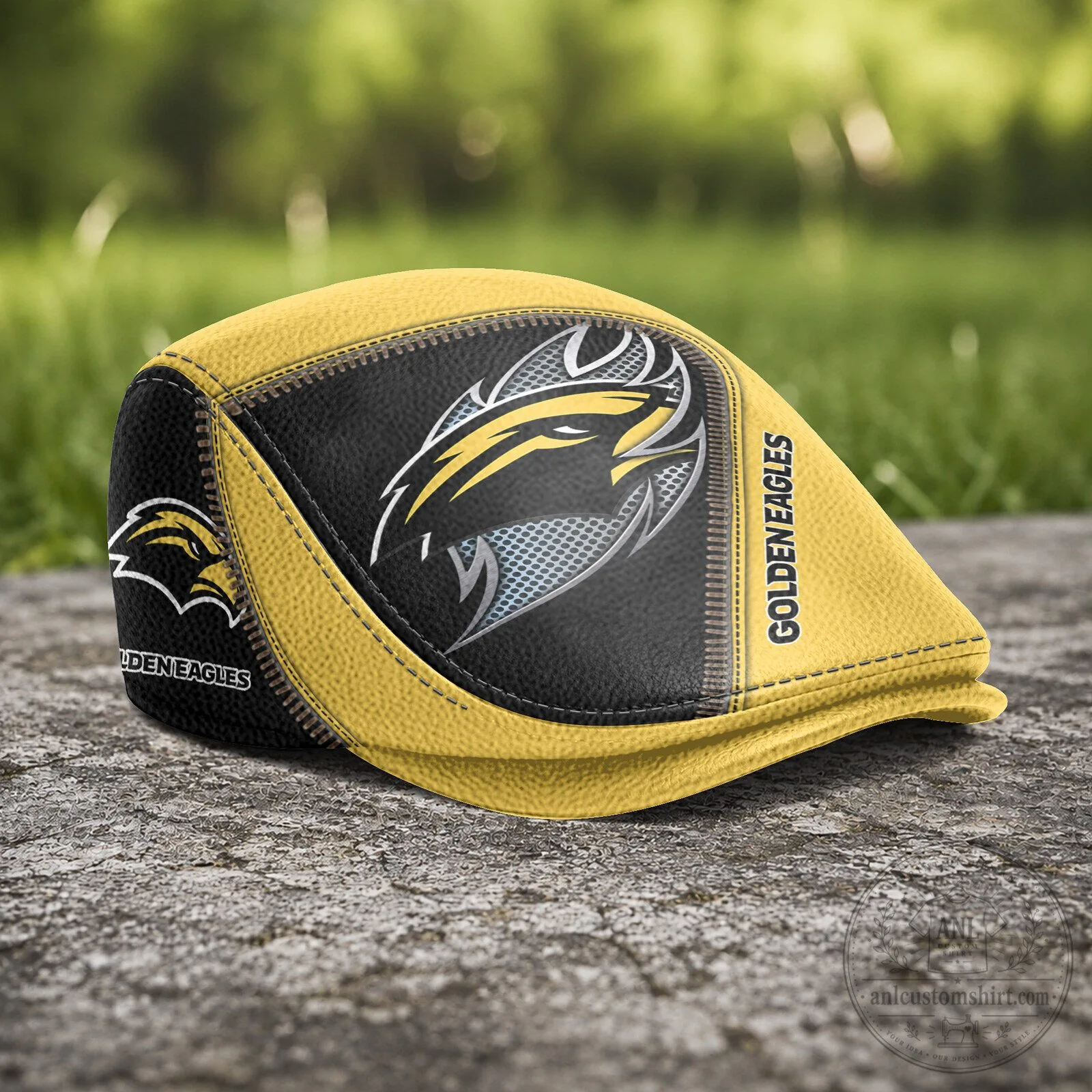 Southern Miss Golden Eagles NCAA Golf Flat Cap, Yellow and Black Jeff Cap