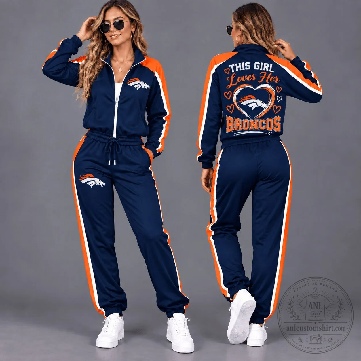 Denver Broncos Women's Full-Zip Tracksuit Set with Team Logo and Heart Graphic