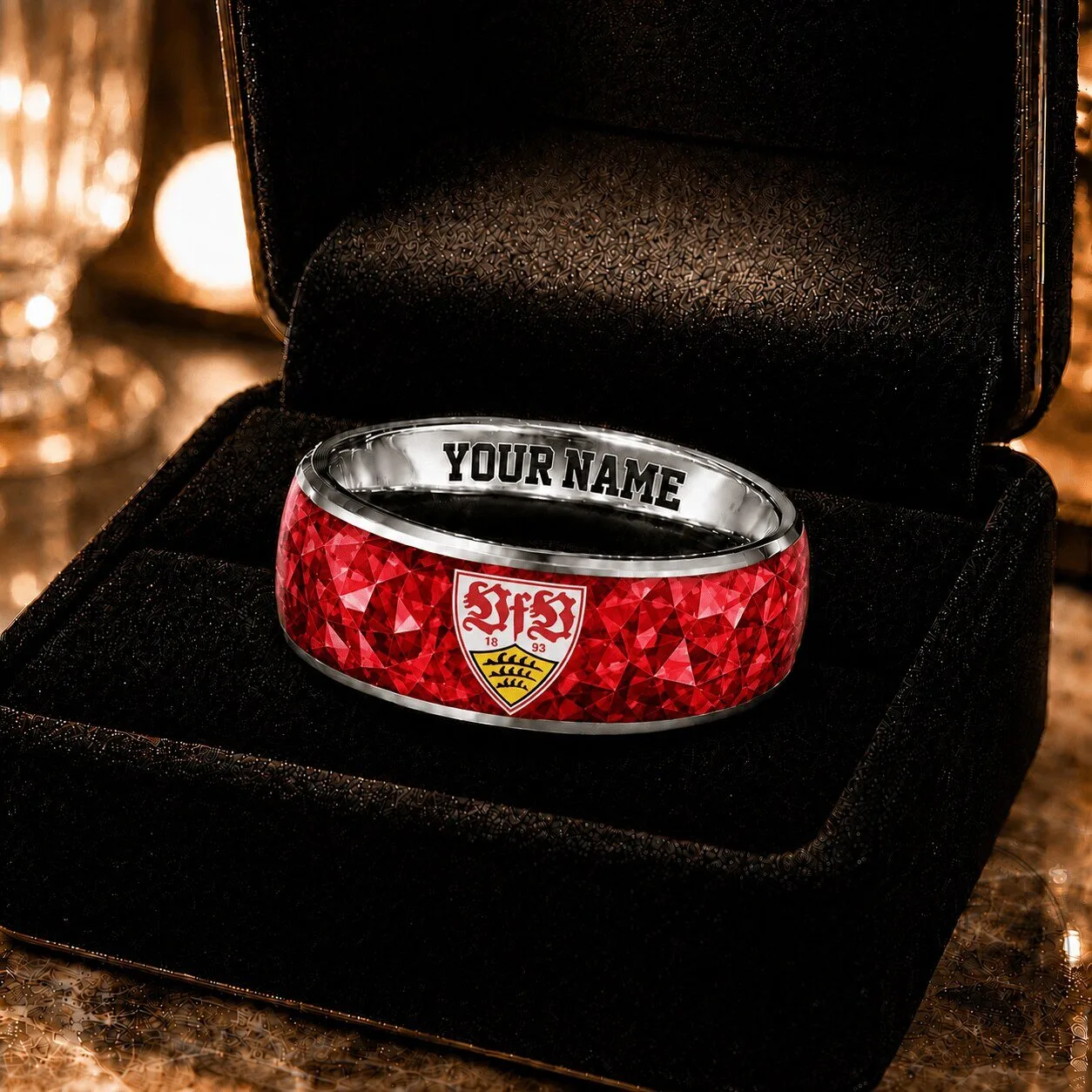 VfB Stuttgart Bundesliga Football Club Custom Engraved Name Red Gemstone Ring