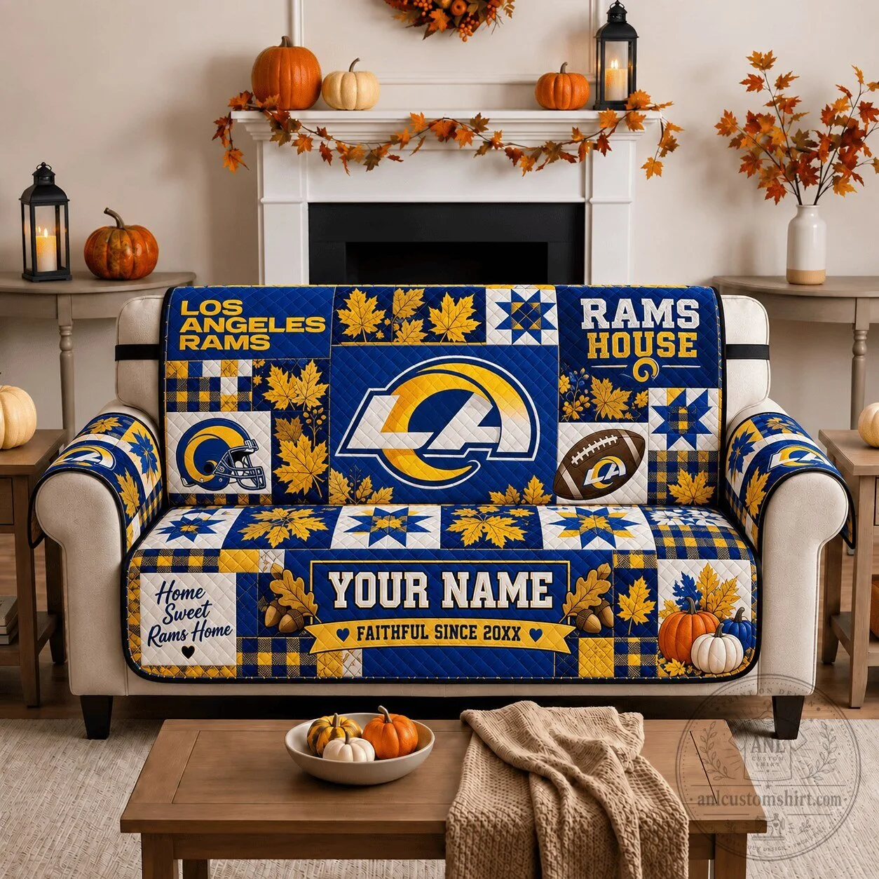 Los Angeles Rams Personalized Sofa Cover with Fall Leaves and Pumpkins
