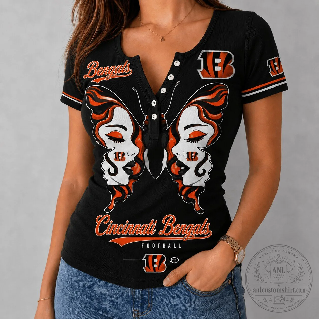 Cincinnati Bengals Football Butterfly Wings V-Neck Button Short Sleeve Shirt