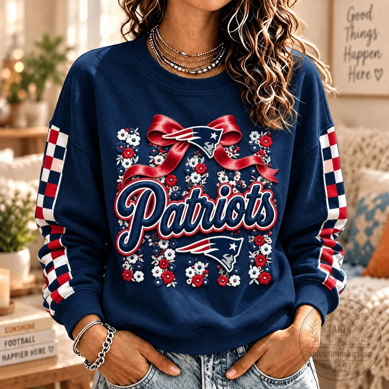 New England Patriots Floral Bowknot Football Team Fan Sweatshirt