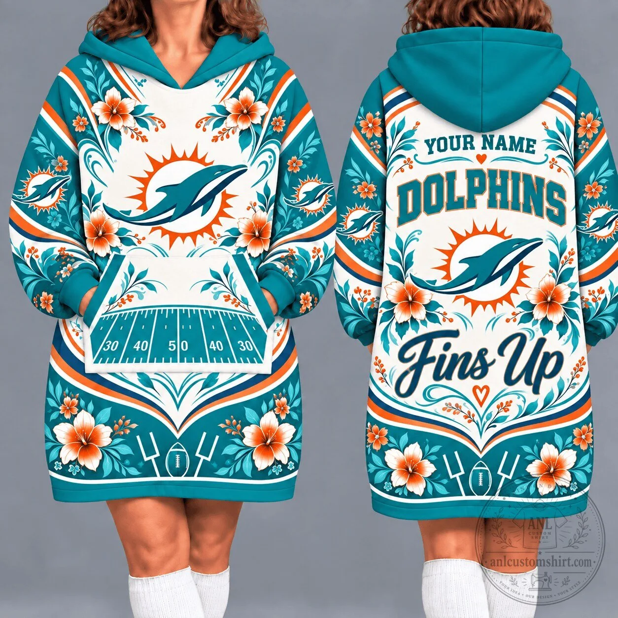 Miami Dolphins Fins Up Tropical Floral Oversized Wearable Blanket Hoodie