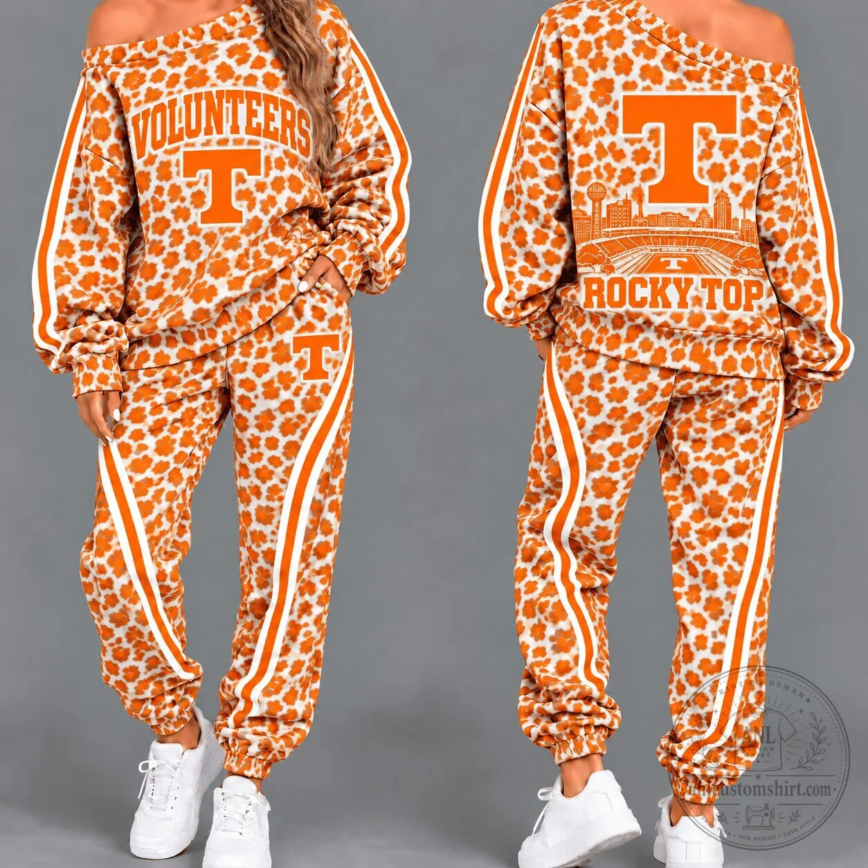 Tennessee Volunteers Leopard Print Off Shoulder Sweatshirt and Jogger Pants Set