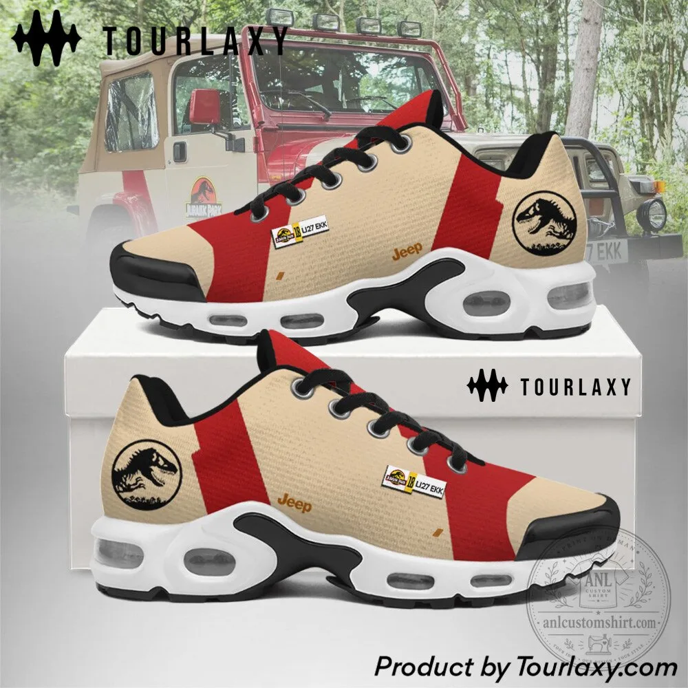 Jurassic Park Jeep Wrangler Logo Beige Red Running Shoes