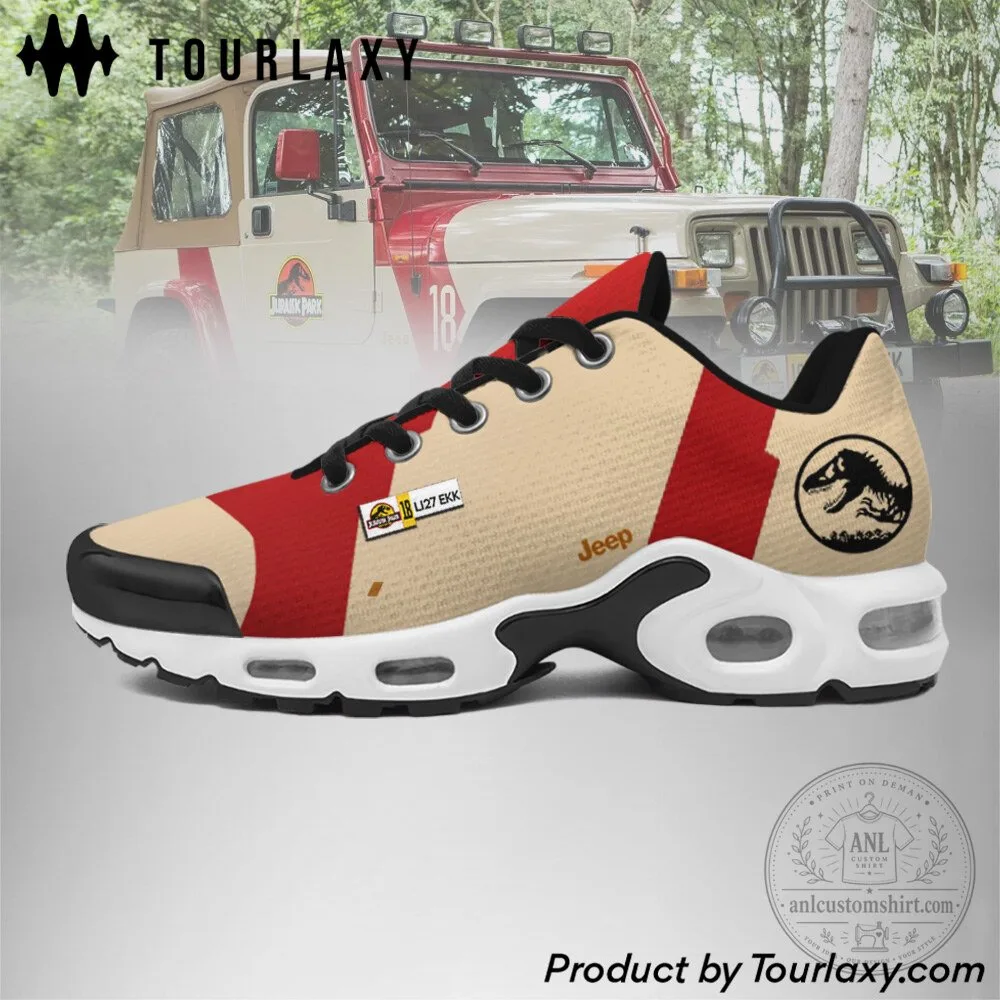 Jurassic Park Jeep Wrangler Logo Beige Red Running Shoes 8 Jurassic Park Jeep Wrangler Logo Beige Red Running Shoes