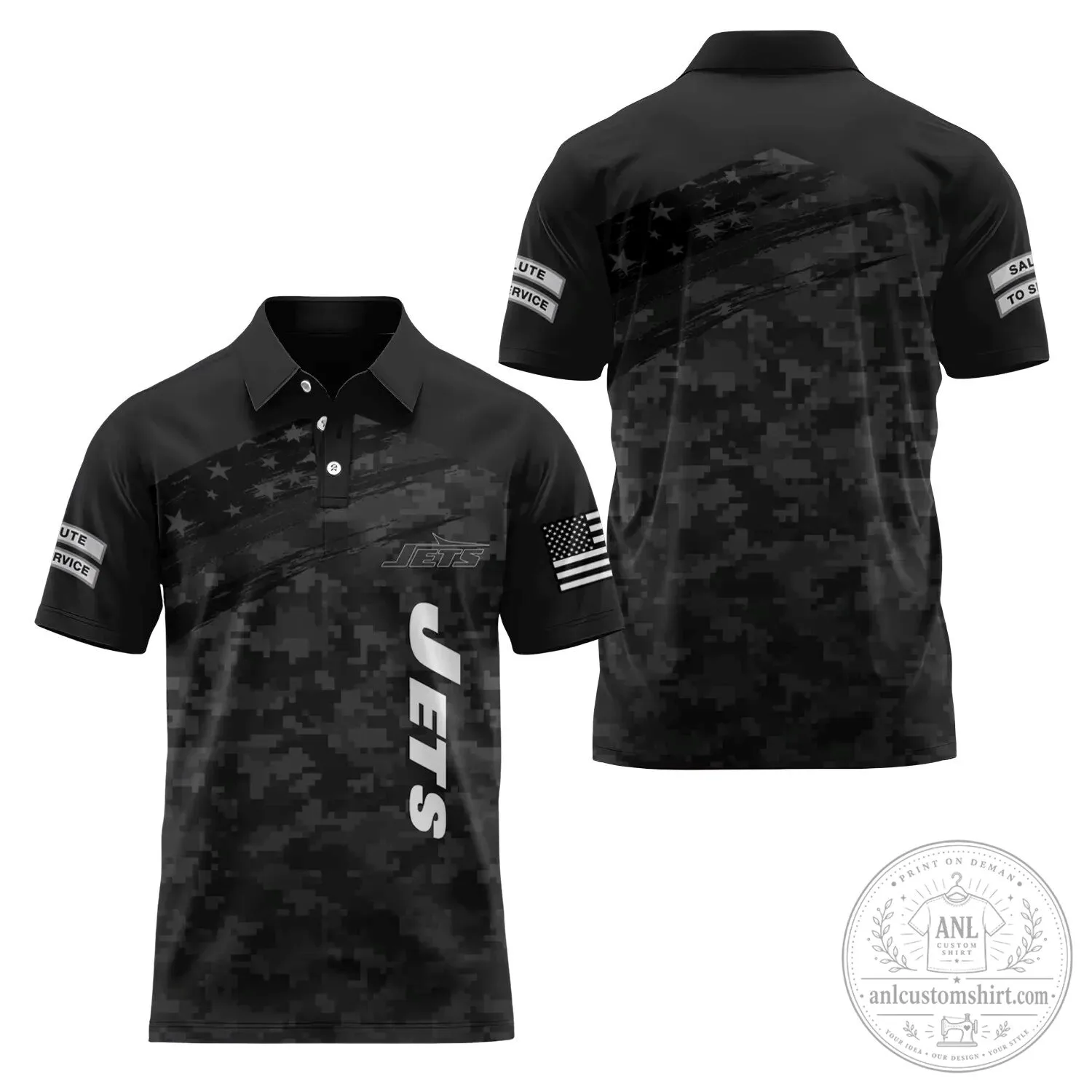 New York Jets Salute To Service Black Digital Camouflage Polo Shirt 1 New York Jets Salute To Service Black Digital Camouflage Polo Shirt