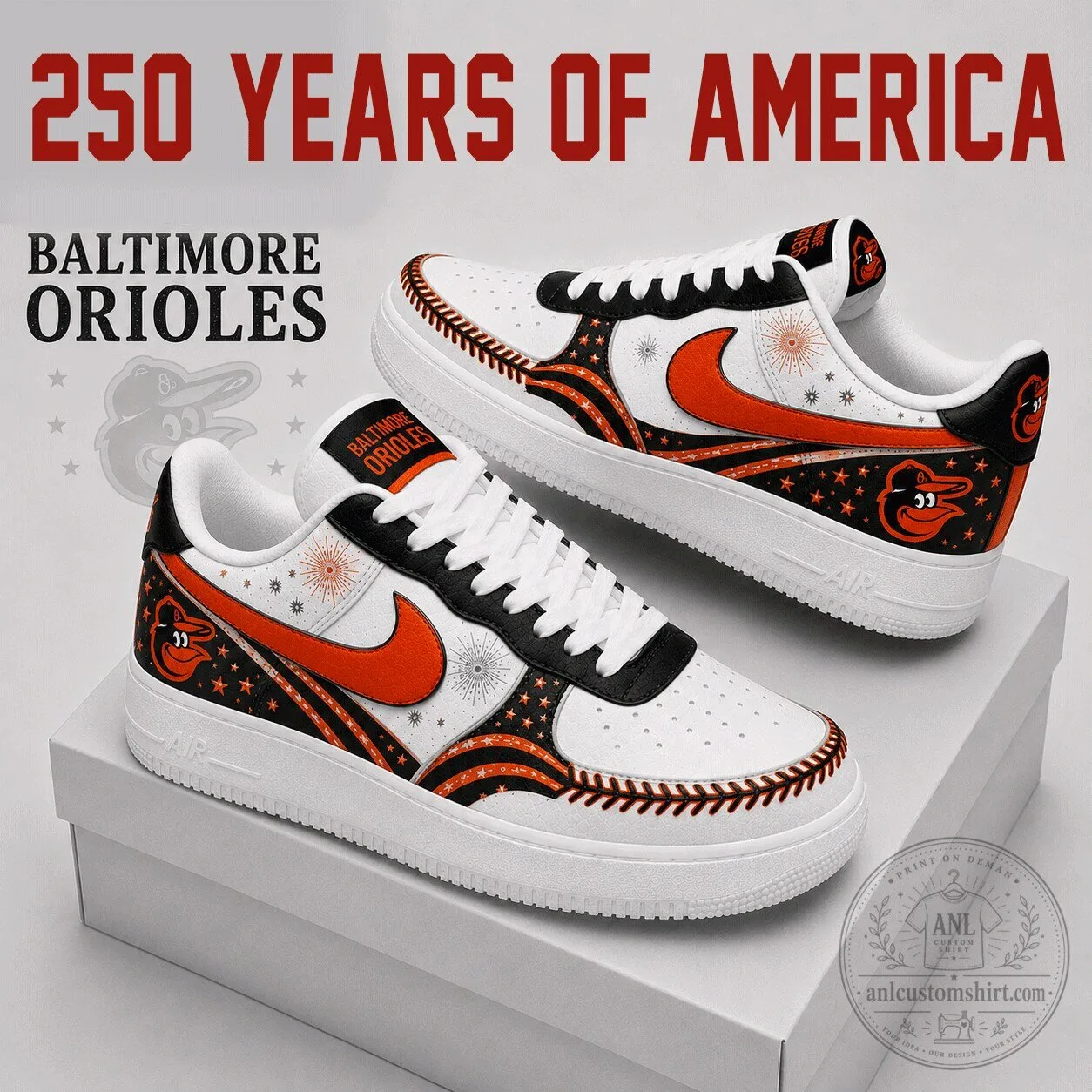 Baltimore Orioles Baseball Team Fan Air Force One Style Sneakers
