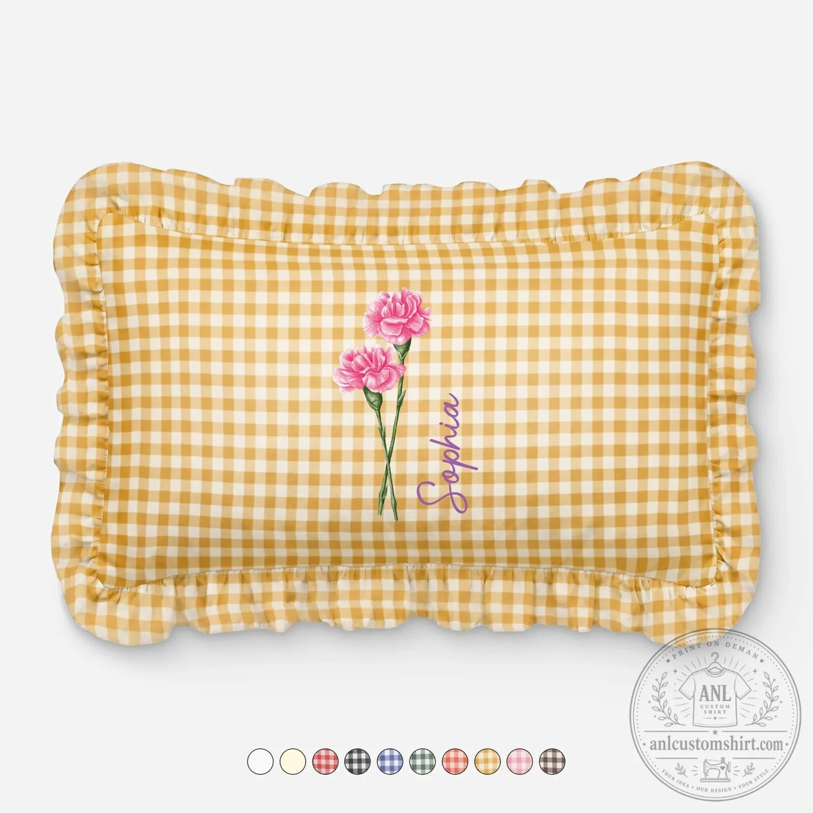 Personalized Birth Month Flower Ruffle Gingham Pattern Pillow 1 Personalized Birth Month Flower Ruffle Gingham Pattern Pillow