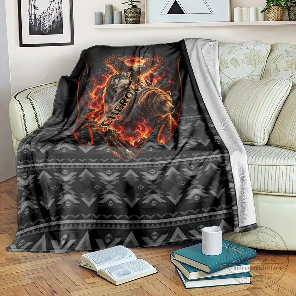 Cherokee Spirit Animals Fiery Tribal Art Native Geometric Patterns Sherpa Blanket 8 Cherokee Spirit Animals Fiery Tribal Art Native Geometric Patterns Sherpa Blanket