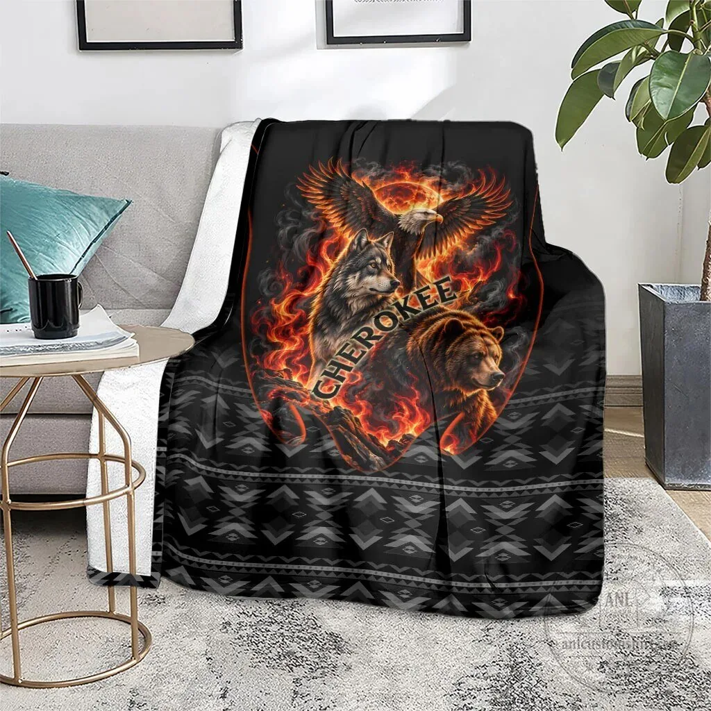 Cherokee Spirit Animals Fiery Tribal Art Native Geometric Patterns Sherpa Blanket 12 Cherokee Spirit Animals Fiery Tribal Art Native Geometric Patterns Sherpa Blanket