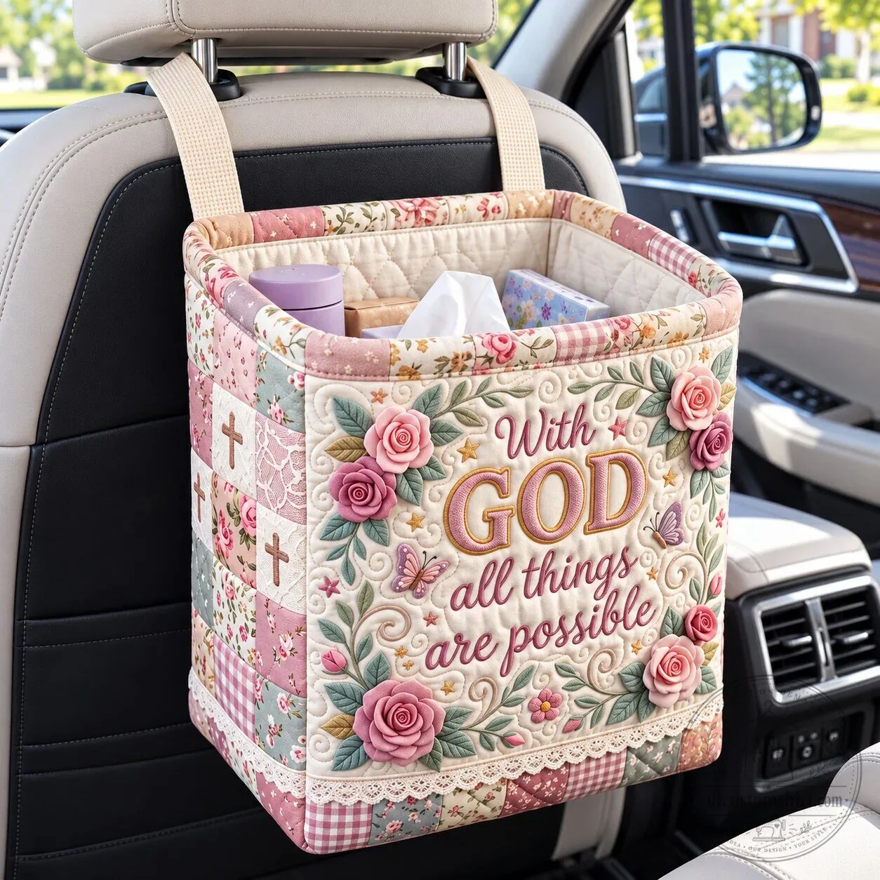 Christian Faith Floral Quilted Car Storage Basket Organizer