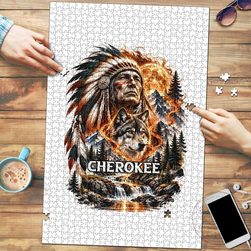 Cherokee Native American Chief Wolf Fiery Moon Forest Landscape Jigsaw Puzzle