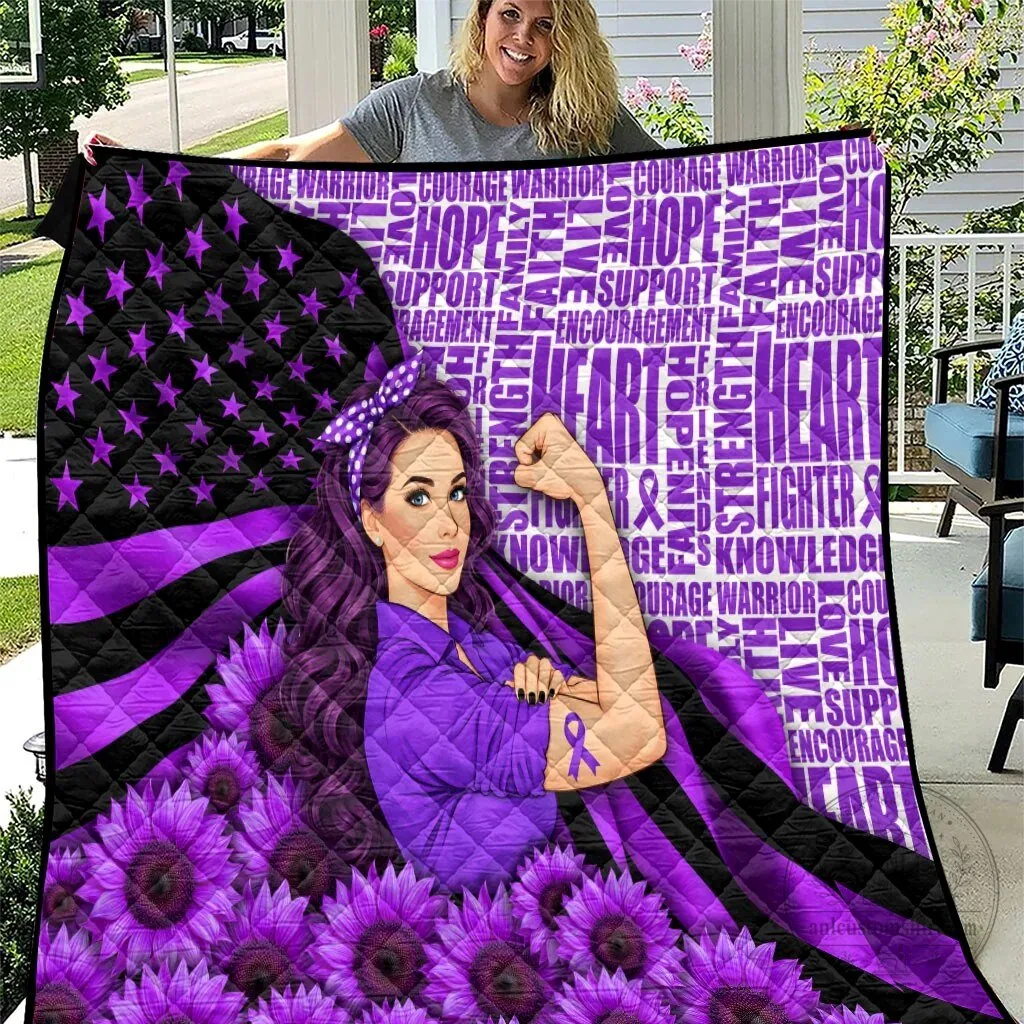 Domestic Violence Awareness Purple Ribbon Sunflower Strong Woman Quilt