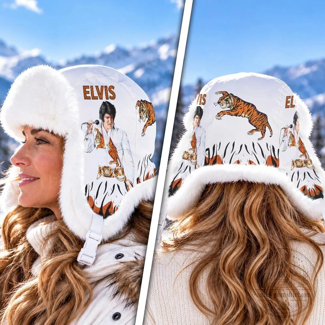 Elvis Presley White Tiger Winter Trapper Hat with Faux Fur Lining 1 Elvis Presley White Tiger Winter Trapper Hat with Faux Fur Lining