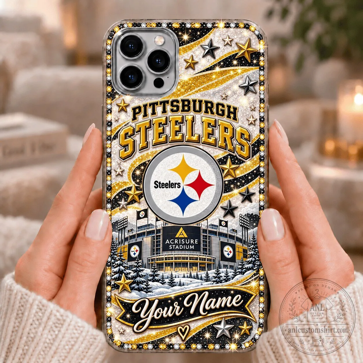 Pittsburgh Steelers Acrisure Stadium Custom Name Glitter Phone Case