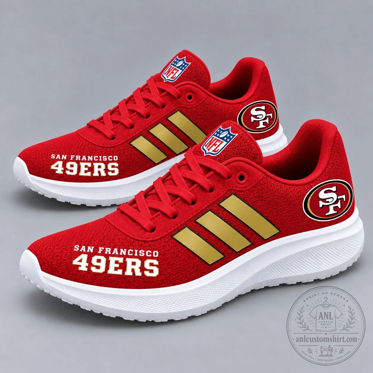 San Francisco 49ers NFL Football Team Red Gold Stripe Sport Sneakers Shoes
