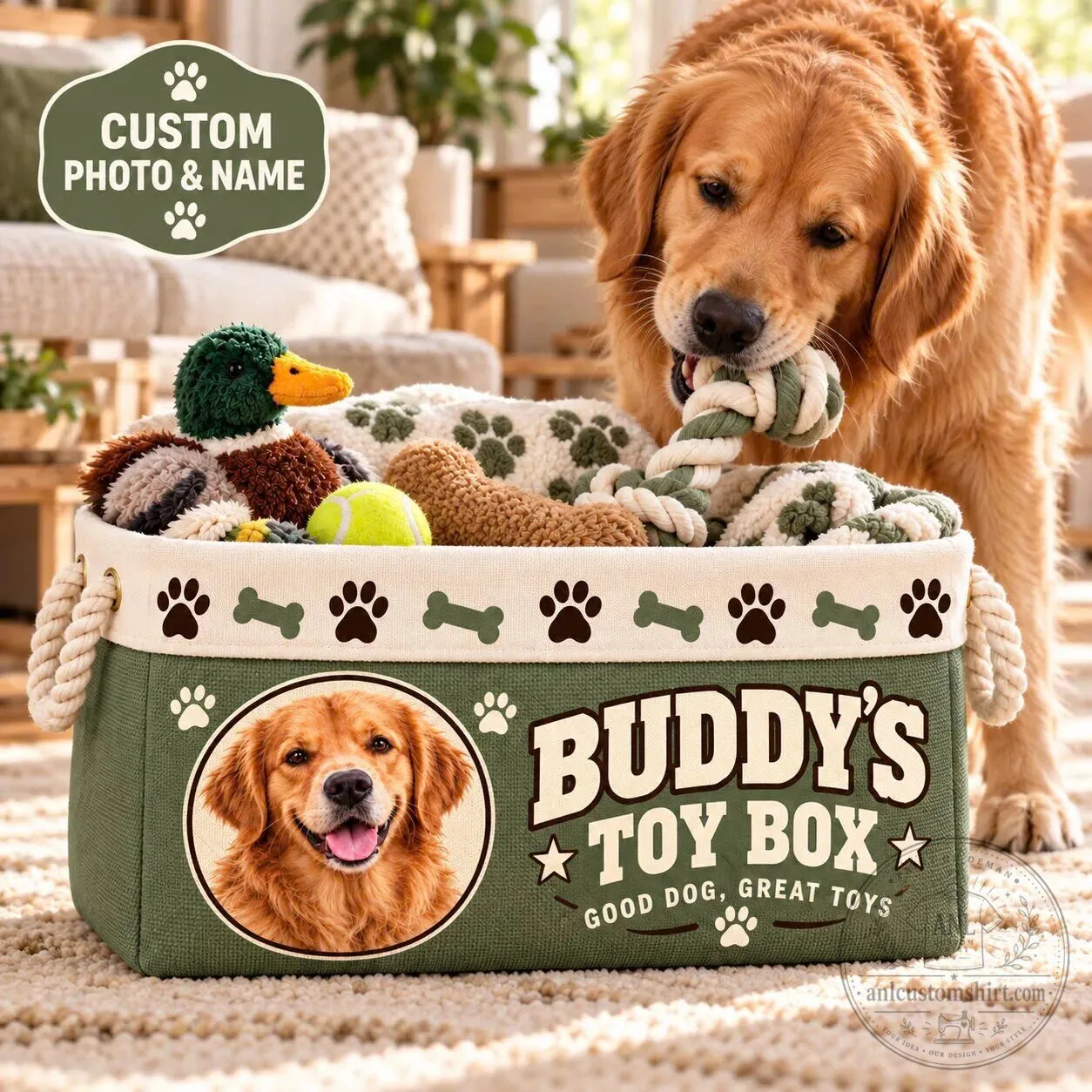 Personalized Dog Toy Storage Basket with Photo and Name, Custom Pet Toy Box with Rope Handles