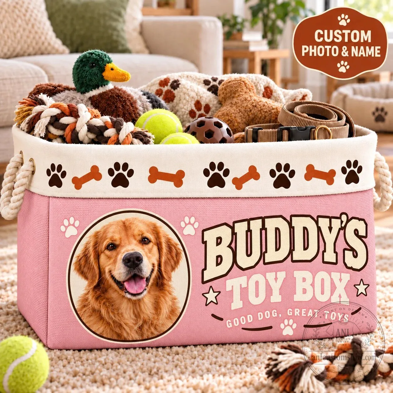 Personalized Dog Toy Storage Basket with Photo and Name, Custom Pet Toy Box with Rope Handles 8 Personalized Dog Toy Storage Basket with Photo and Name, Custom Pet Toy Box with Rope Handles