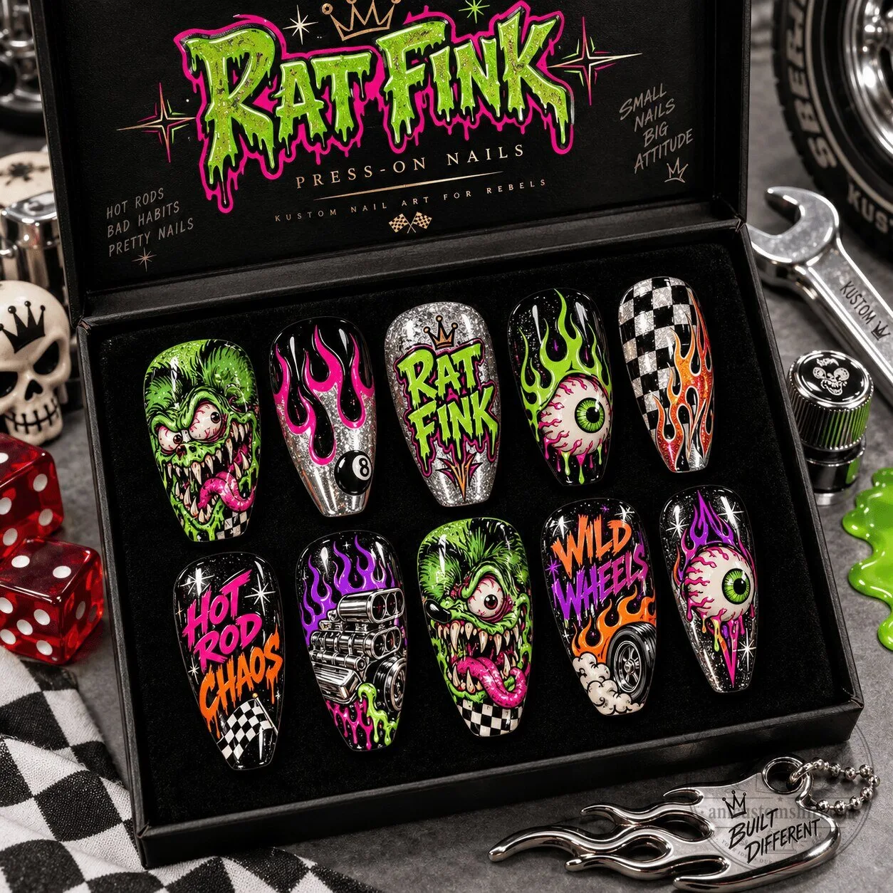 Rat Fink Neon Hot Rod Monster Press-On Nails Set for Kustom Nail Art Rebels