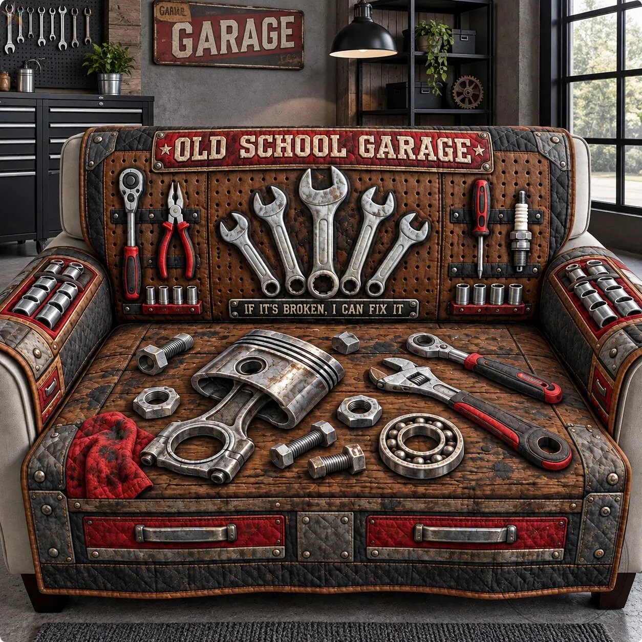 Vintage Old School Garage Mechanic Tools Quilted Sofa Cover