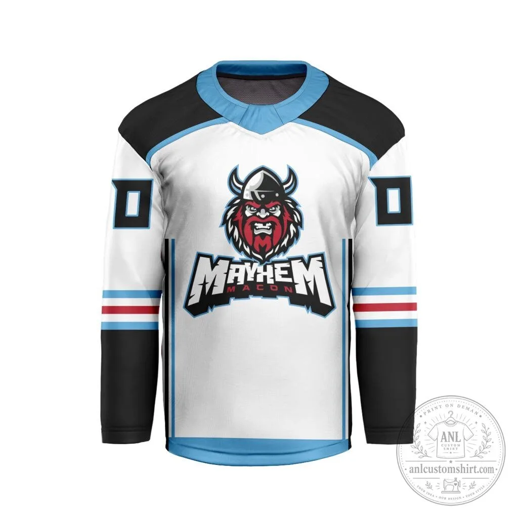Macon Mayhem Personalized White and Blue V-Neck Hockey Jersey