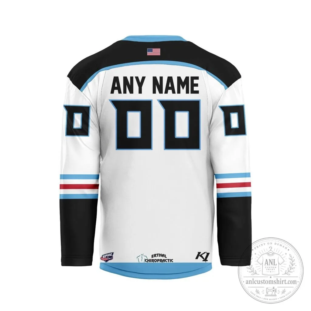Macon Mayhem Personalized White and Blue V-Neck Hockey Jersey 5 Macon Mayhem Personalized White and Blue V-Neck Hockey Jersey
