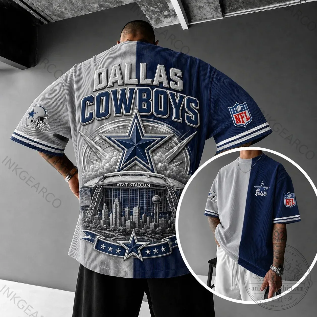 Dallas Cowboys Football Team AT&T Stadium Split Design T-Shirt