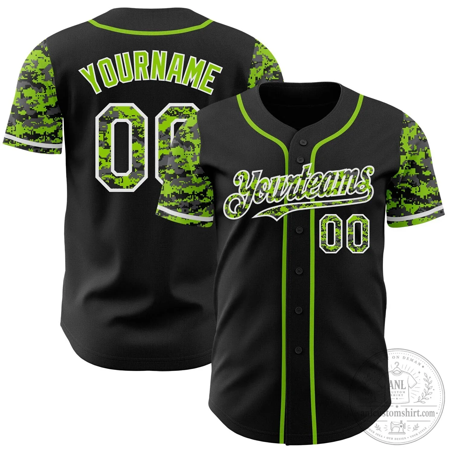 Custom Black Neon Green Digital Camouflage Two Tone Authentic Baseball Jersey