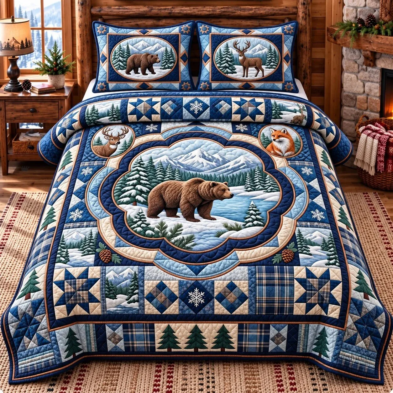 Winter Forest Bear and Deer Patchwork Quilted Bedding Set