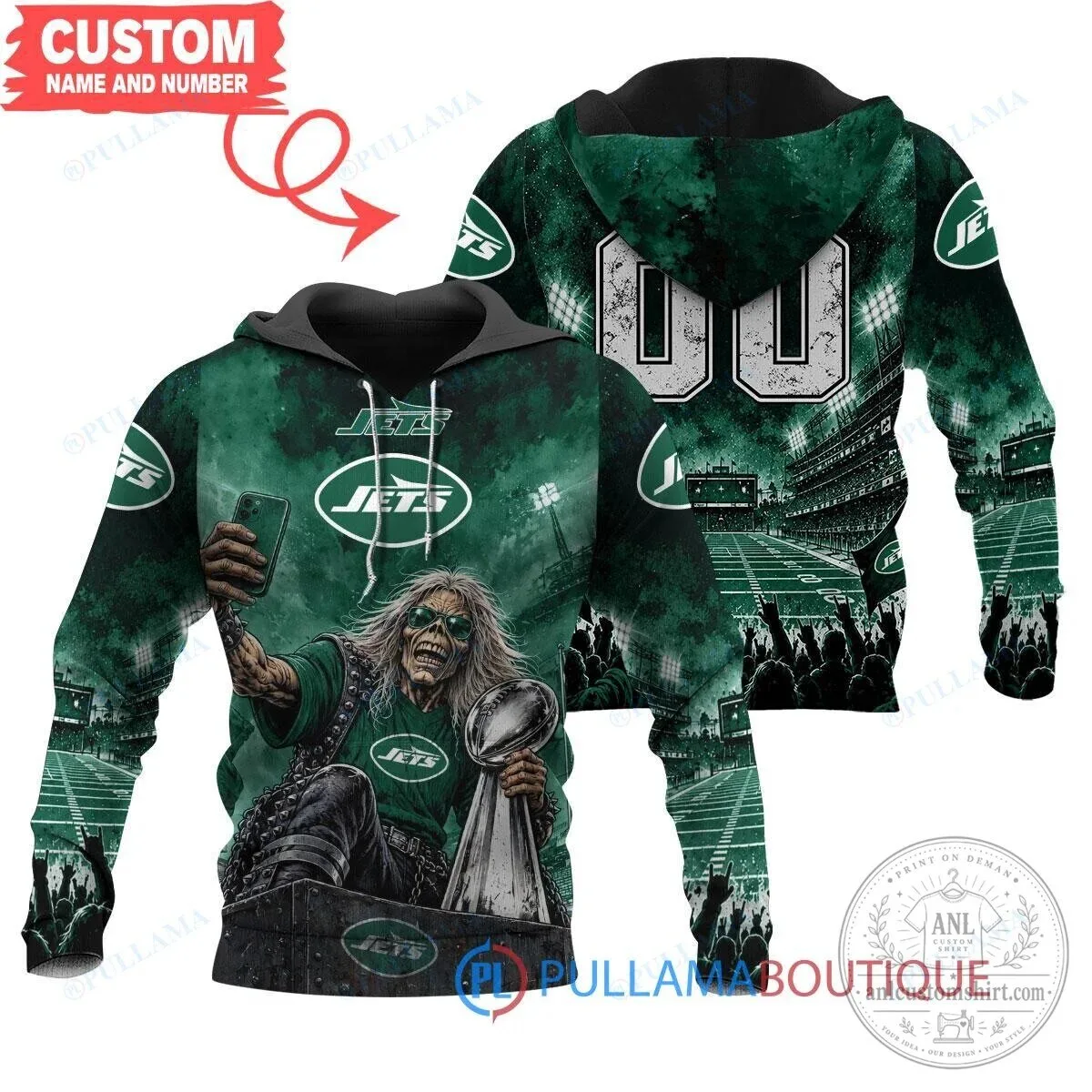 New York Jets Iron Maiden Eddie Super Bowl Trophy Green Hoodie