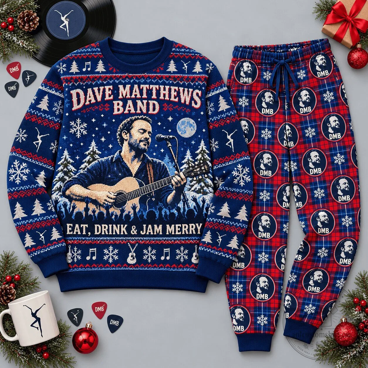 Dave Matthews Band Jam Merrily Blue Red Festive Graphic Ugly Christmas Sweater