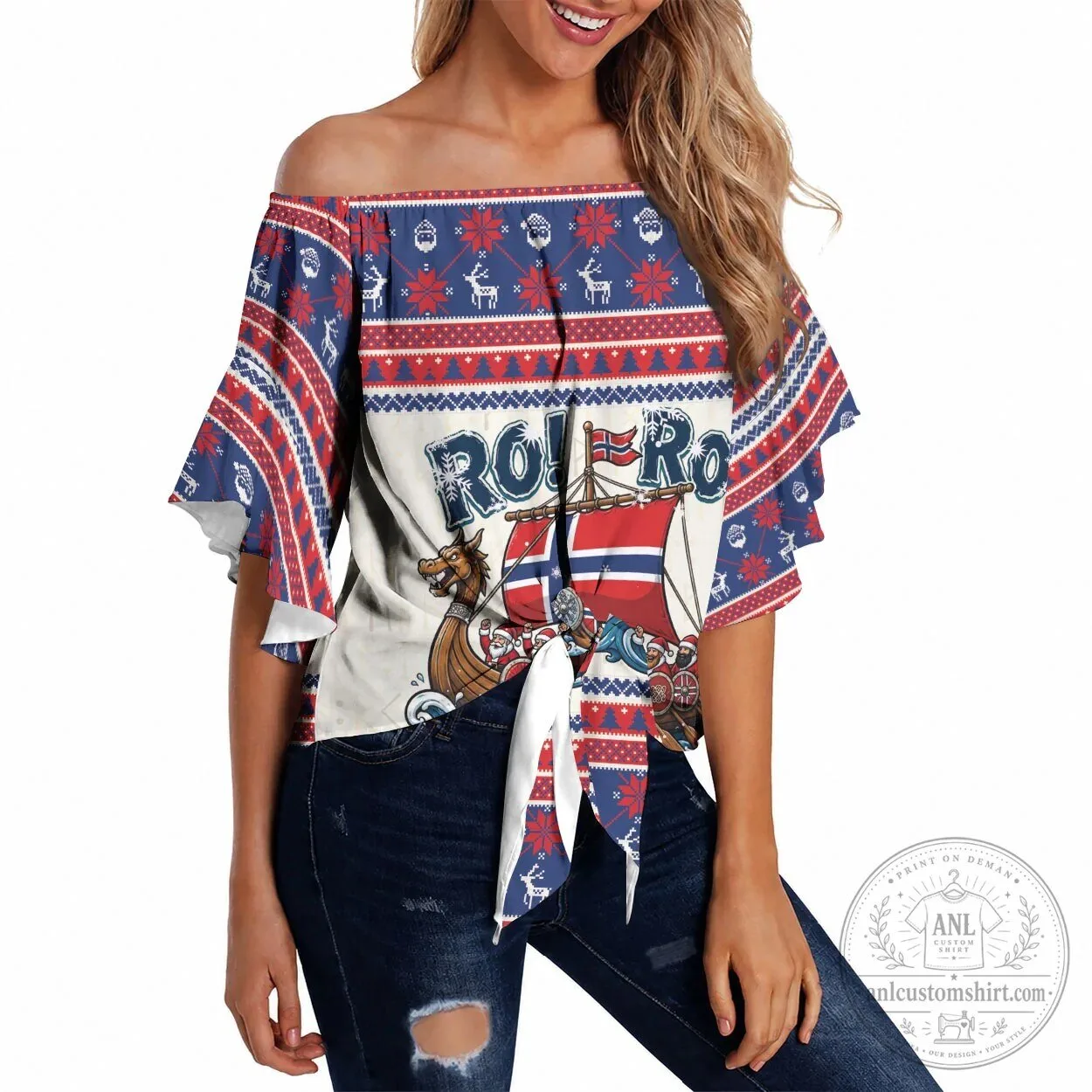 Norway Christmas Viking Ship Ro Ro Off Shoulder Wrap Waist Top