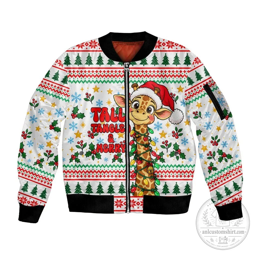 Cute Christmas Giraffe Lights Tall Tangle Merry Holiday Bomber Jacket