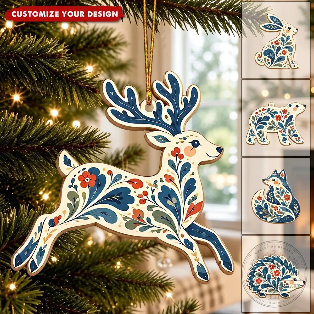 Personalized Scandinavian Folk Art Woodland Animal Christmas Tree Ornament