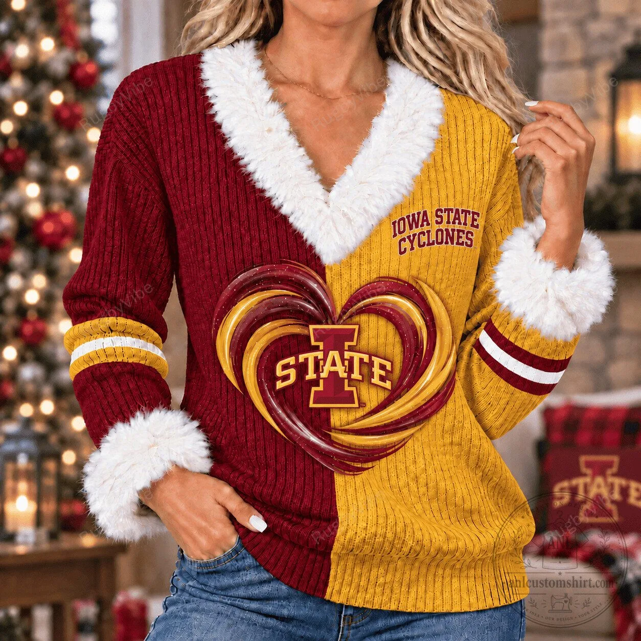 Iowa State Cyclones Red Gold Heart Logo Christmas Faux Fur Sweater