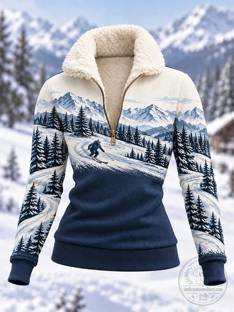 Skiing Winter Wonderland Mountain Landscape Quarter Zip Pullover Sweatshirt