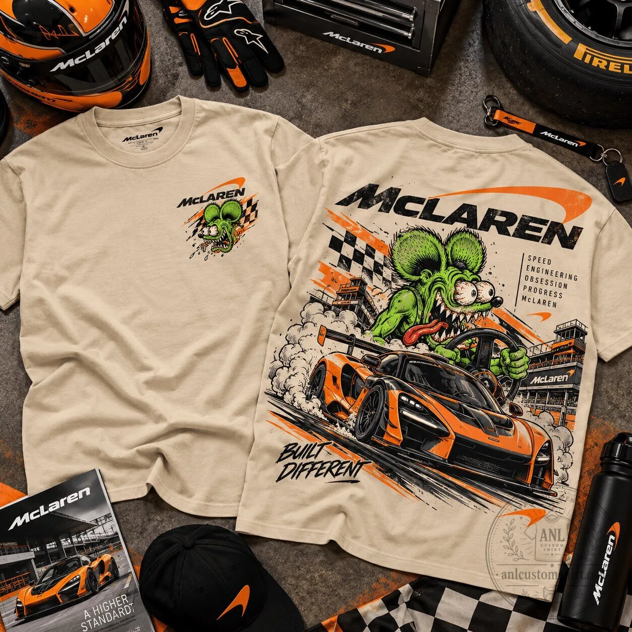 McLaren Rat Fink Orange Supercar Racing Graphic T-Shirt for Track Day Fans