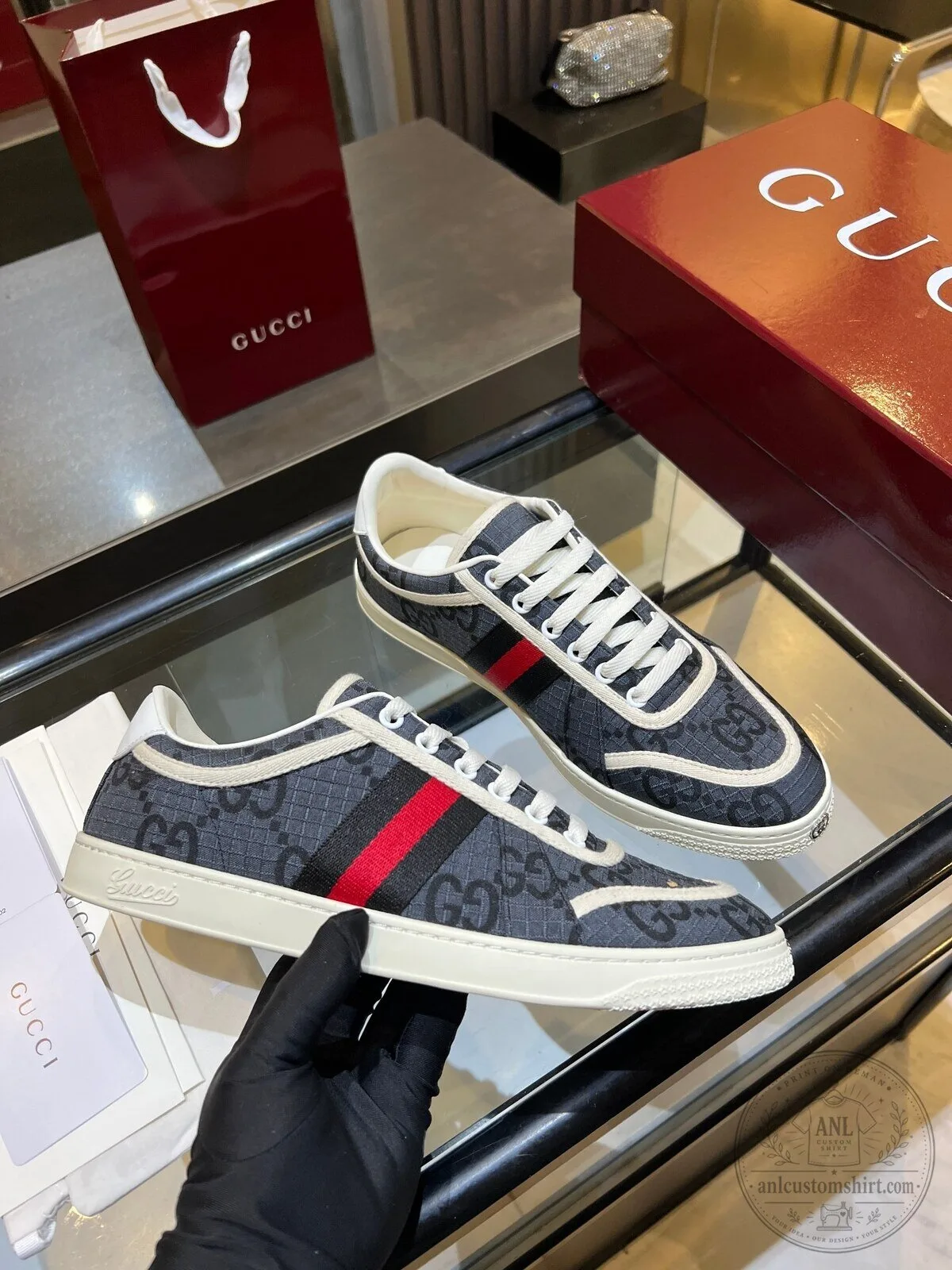 Gucci Monogram Canvas Low Top Sneakers with Red and Green Stripe Detail