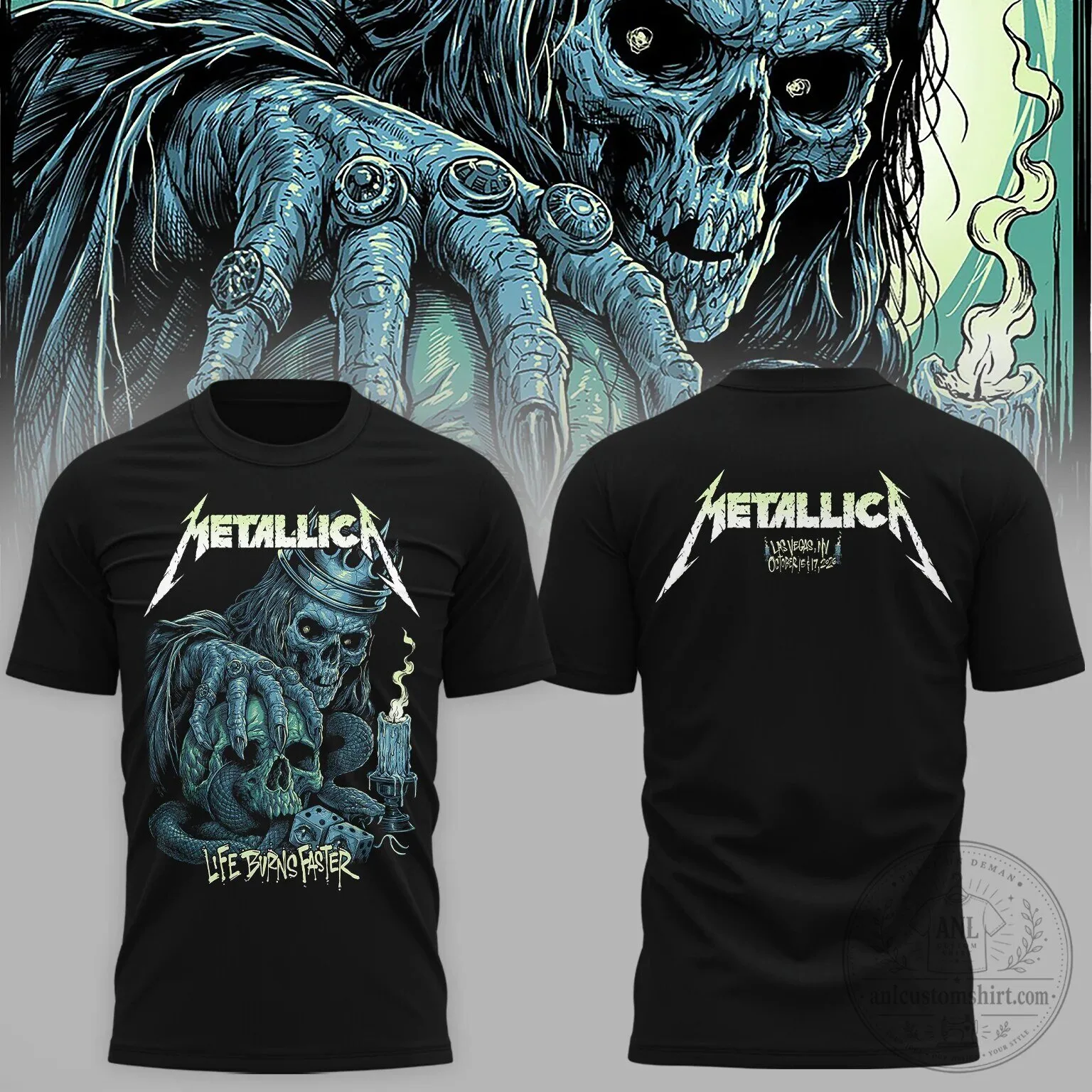 Black T-Shirt featuring Metallica's Life Burns Faster Concert Skull Design