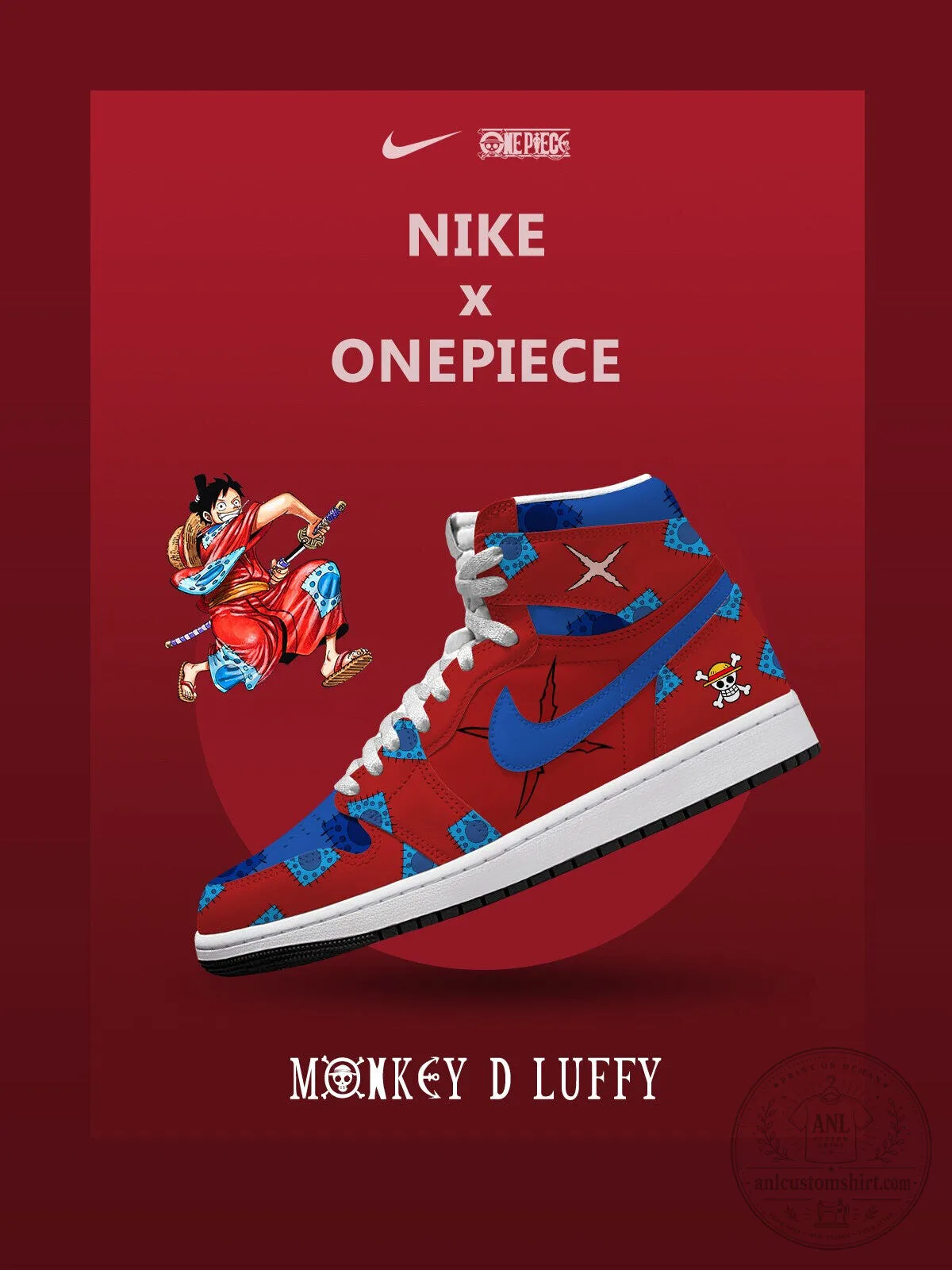 One Piece Monkey D. Luffy Red Blue Anime High Top Sneakers 3 One Piece Monkey D. Luffy Red Blue Anime High Top Sneakers