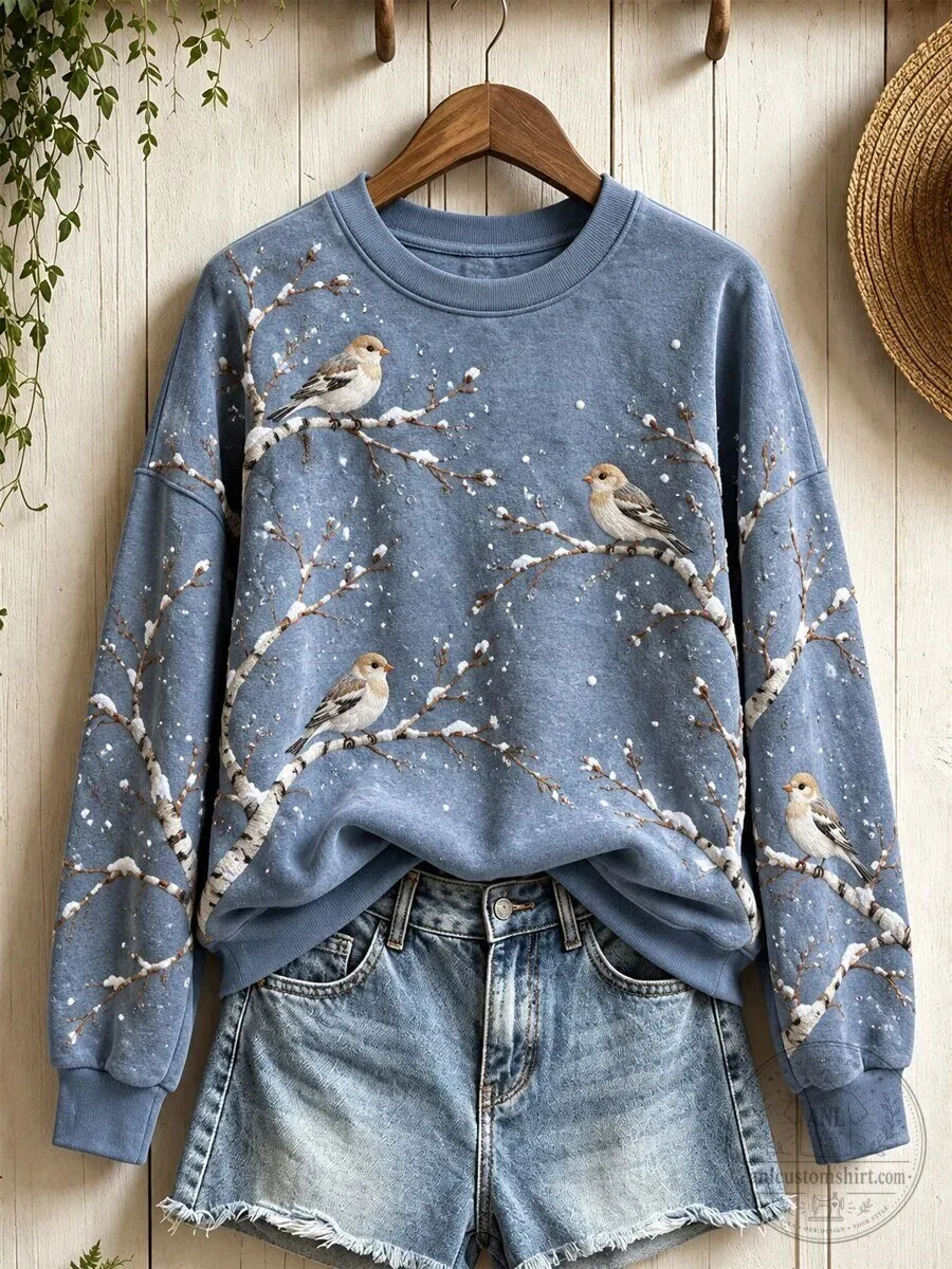 Snowy Winter Bunting Birds on Branches Print Crewneck Sweatshirt 1 Snowy Winter Bunting Birds on Branches Print Crewneck Sweatshirt