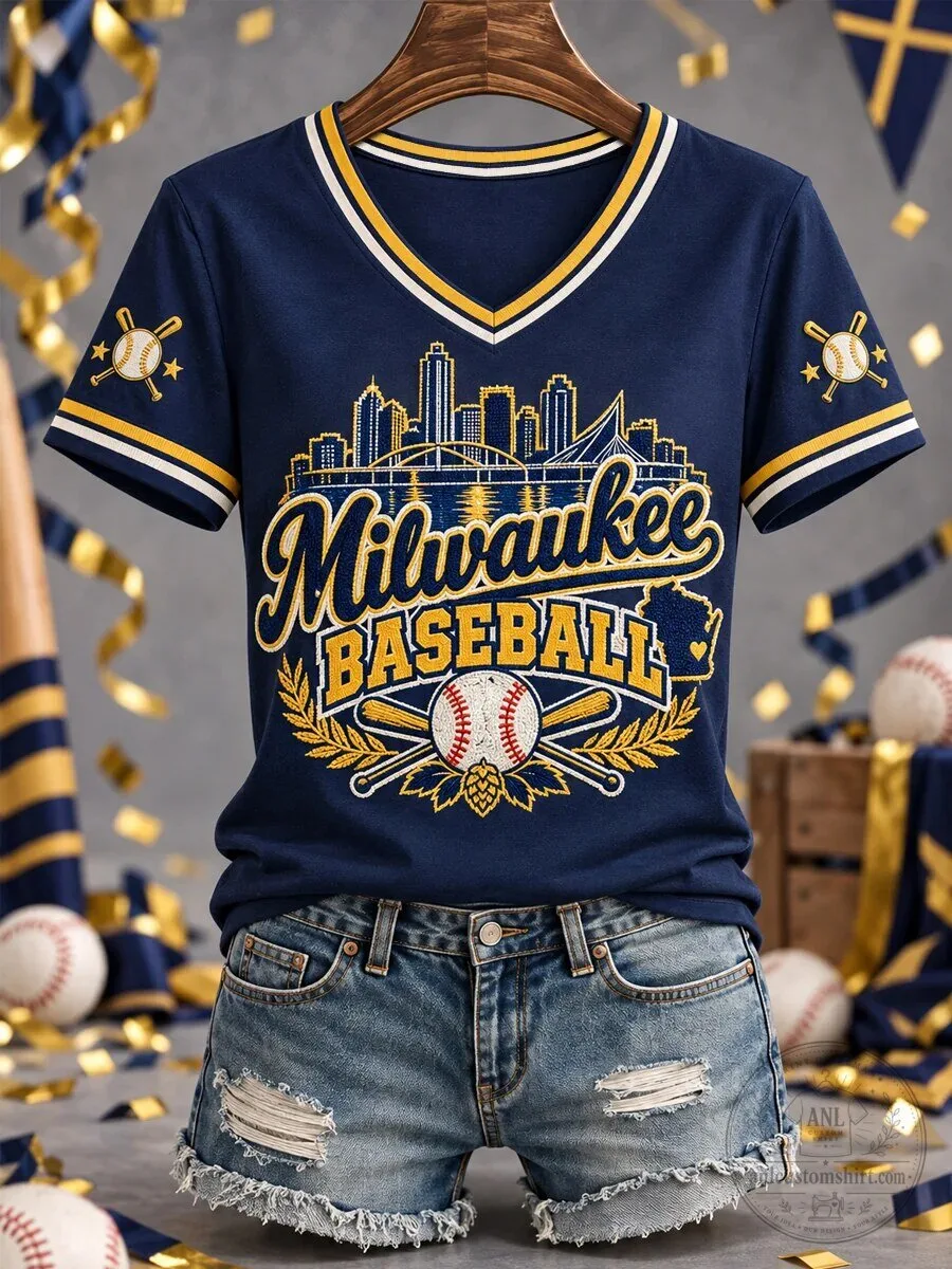 Milwaukee Baseball Team Skyline Women's V-Neck T-Shirt